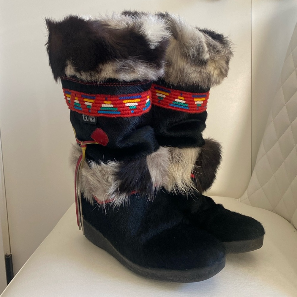 Vintage Tecnica Black Fur Scandia Apres Winter/Ski Boots SZ 40 Made In Italy